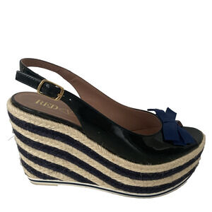 Red Valentino Navy Patent Espadrille Wedge Sandal Peep Toe Slingback Stripe Bow